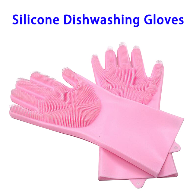 FDA Reusable Dish Wash Scrubbing Sponge Silicone Cleaning Gloves (Pink)