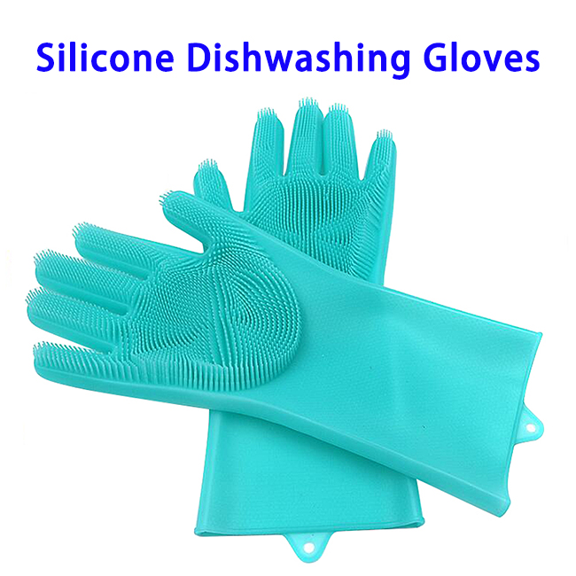 FDA Reusable Dish Wash Scrubbing Sponge Silicone Cleaning Gloves (Cyan-blue)