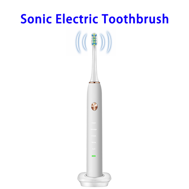 CE ROHS FCC FDA Approved Rechargeable Sonic Electric Automatic Toothbrush for Adults with Wireless Charging Base (White)