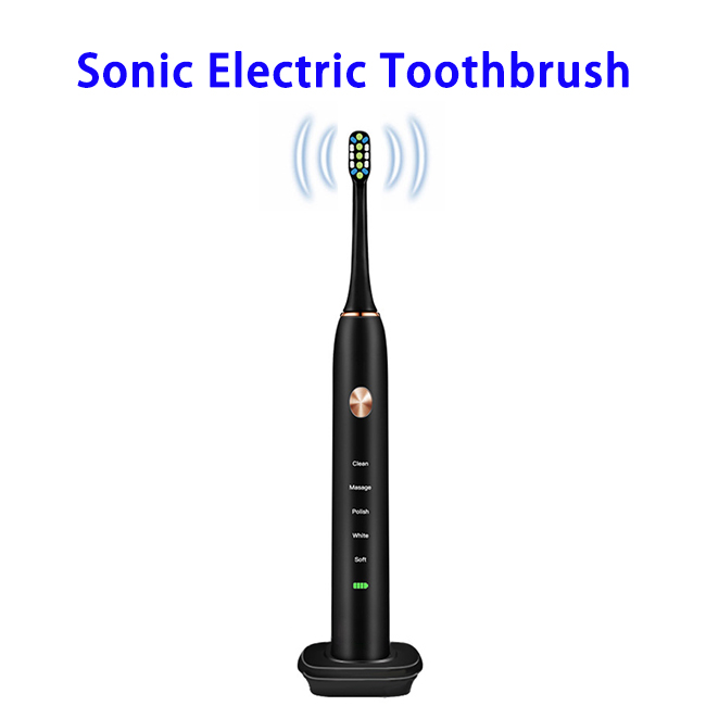 CE ROHS FCC FDA Approved Rechargeable Sonic Electric Automatic Toothbrush for Adults with Wireless Charging Base (Black)