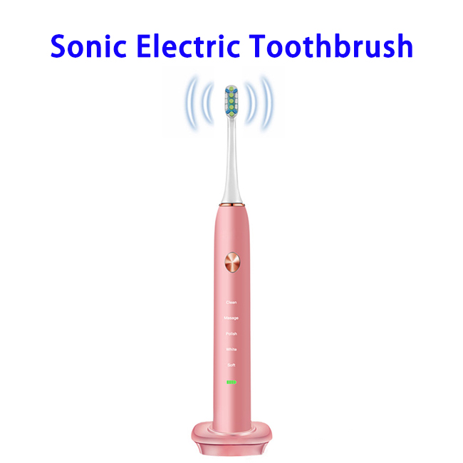 CE ROHS FCC FDA Approved Rechargeable Sonic Electric Automatic Toothbrush for Adults with Wireless Charging Base (Pink)