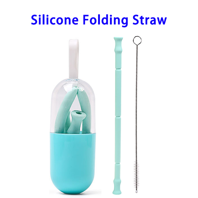 FDA Approved Reusable Silicone Drinking Collapsible Straw with Case (Green)