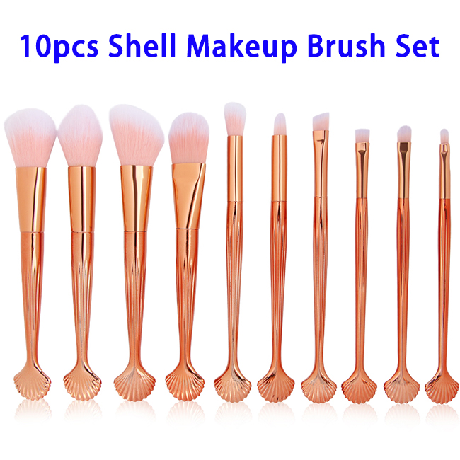 10pcs/set Powder Foundation Beauty Cosmetics Shell Makeup Brushes Set (Rose Gold)