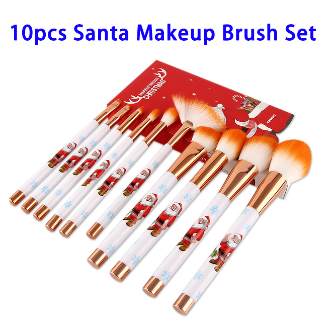 10pcs Santa Pattern Synthetic Hair Cosmetics Makeup Brushes Set (Orange)
