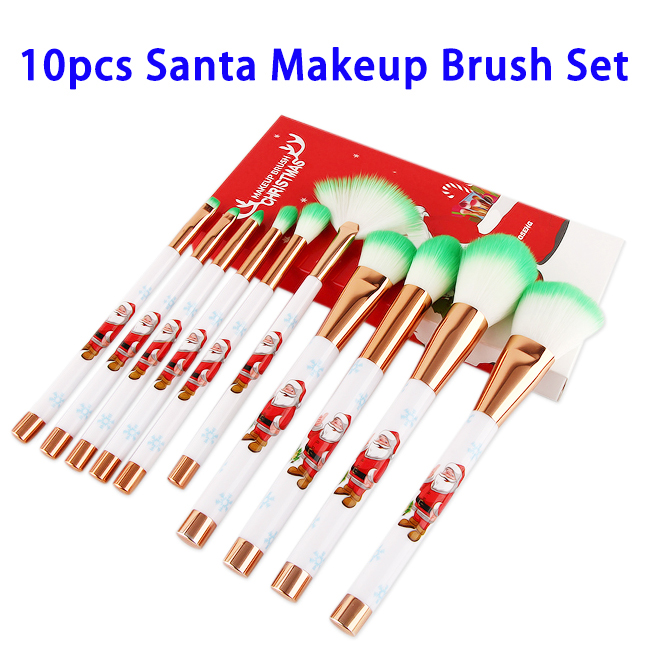 10pcs Santa Pattern Synthetic Hair Cosmetics Makeup Brushes Set (Green)