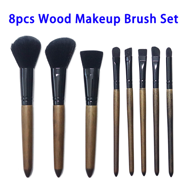 8pcs/set Wood Handle Synthetic Hair Makeup Brushes Set (Black Hair)