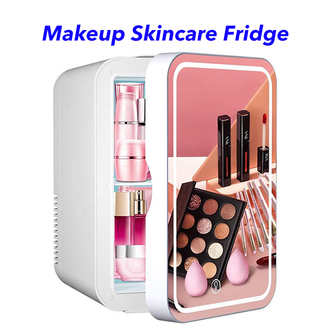 2 in 1 Mini Makeup Mirror Skincare Fridge Beauty Fridge Refrigerator Portable Vehicle Camping Fridge Freezer(white)