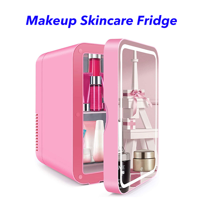 2 in 1 Mini Makeup Mirror Skincare Fridge Beauty Fridge Refrigerator Portable Vehicle Camping Fridge Freezer(pink)
