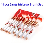 10pcs Santa Pattern Synthetic Hair Cosmetics Makeup Brushes Set (Red)